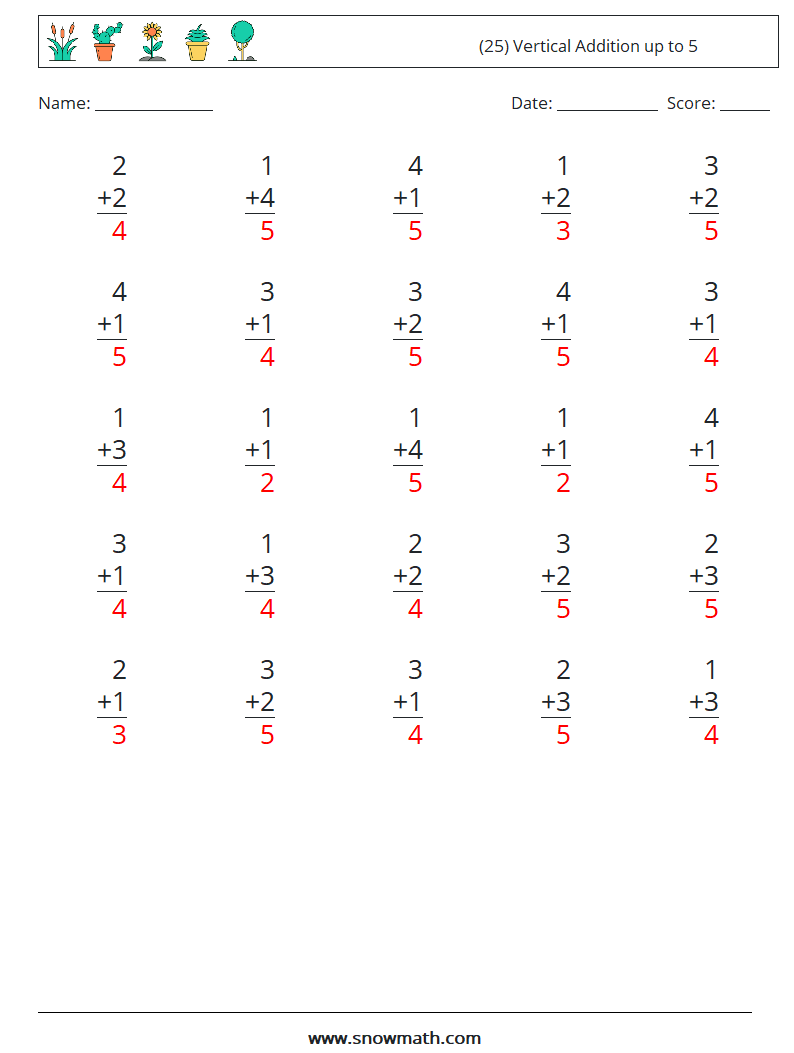 (25) Vertical Addition up to 5 Maths Worksheets 4 Question, Answer