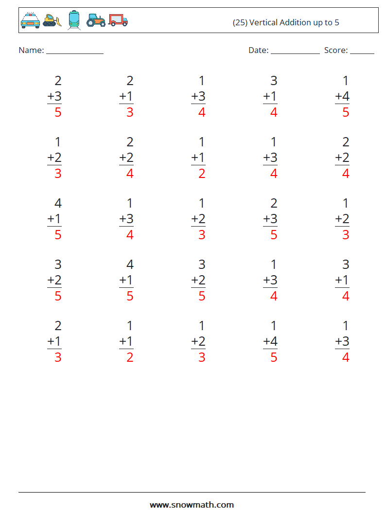 (25) Vertical Addition up to 5 Maths Worksheets 5 Question, Answer