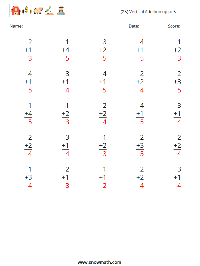 (25) Vertical Addition up to 5 Maths Worksheets 6 Question, Answer