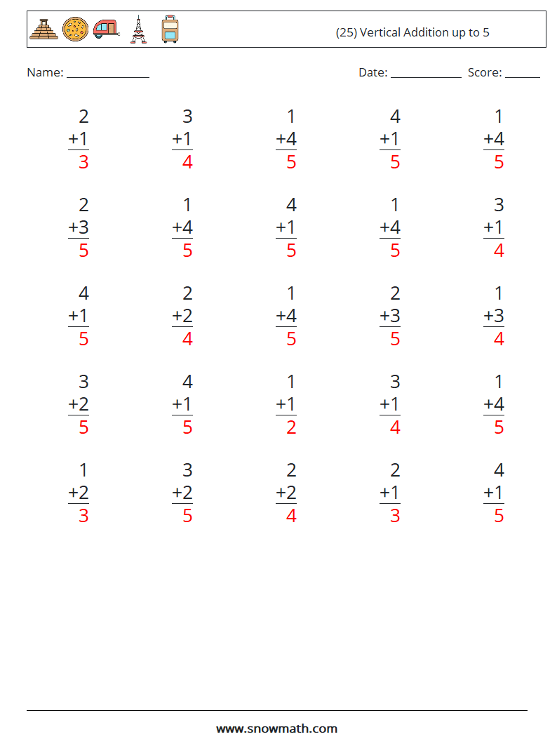 (25) Vertical Addition up to 5 Maths Worksheets 7 Question, Answer