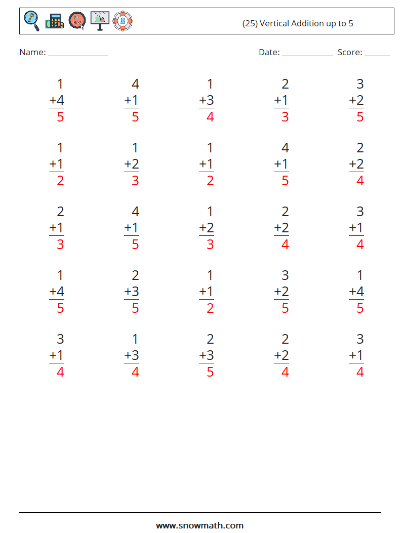 (25) Vertical Addition up to 5 Maths Worksheets 8 Question, Answer