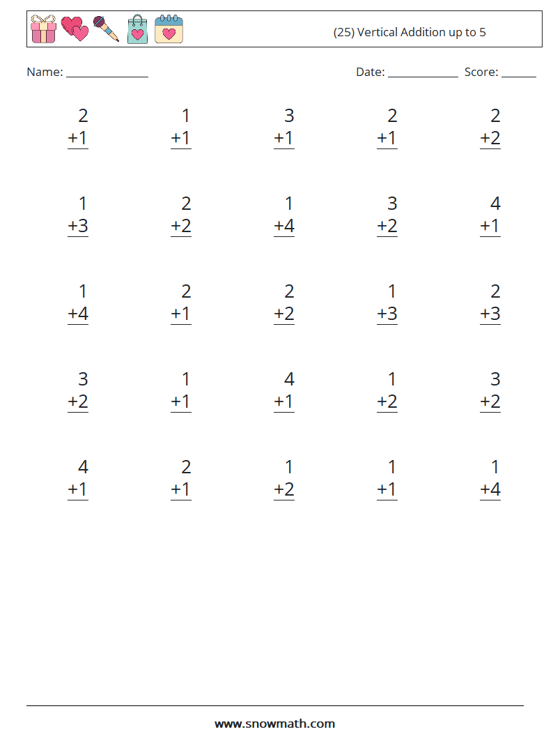 (25) Vertical Addition up to 5 Maths Worksheets 9