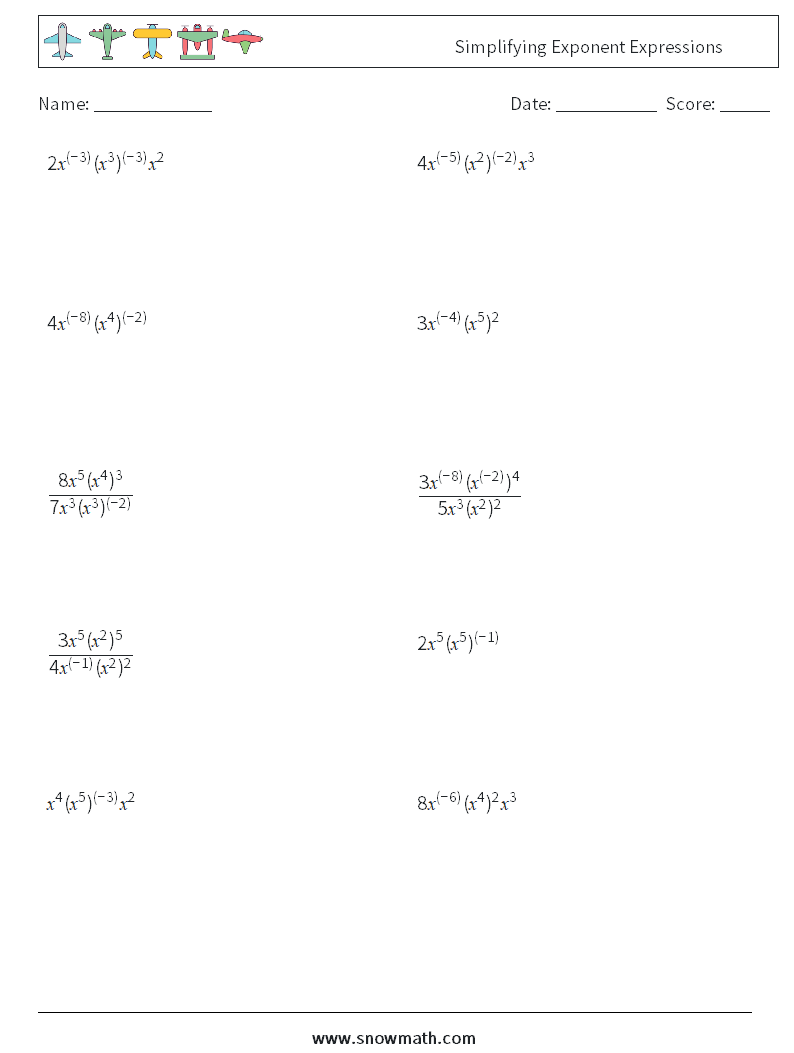  Simplifying Exponent Expressions Maths Worksheets 1