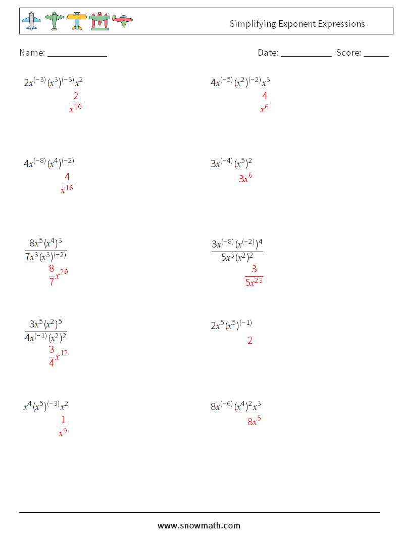  Simplifying Exponent Expressions Maths Worksheets 1 Question, Answer