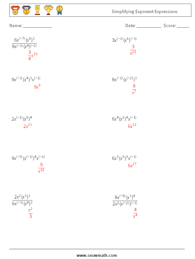  Simplifying Exponent Expressions Maths Worksheets 2 Question, Answer