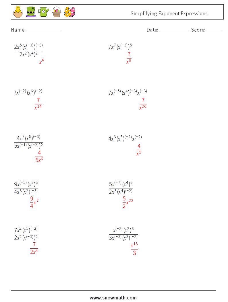  Simplifying Exponent Expressions Maths Worksheets 3 Question, Answer
