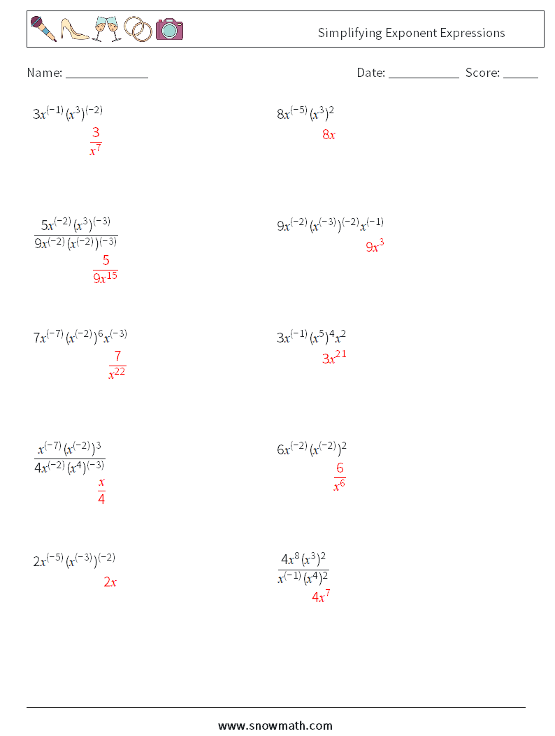  Simplifying Exponent Expressions Maths Worksheets 4 Question, Answer