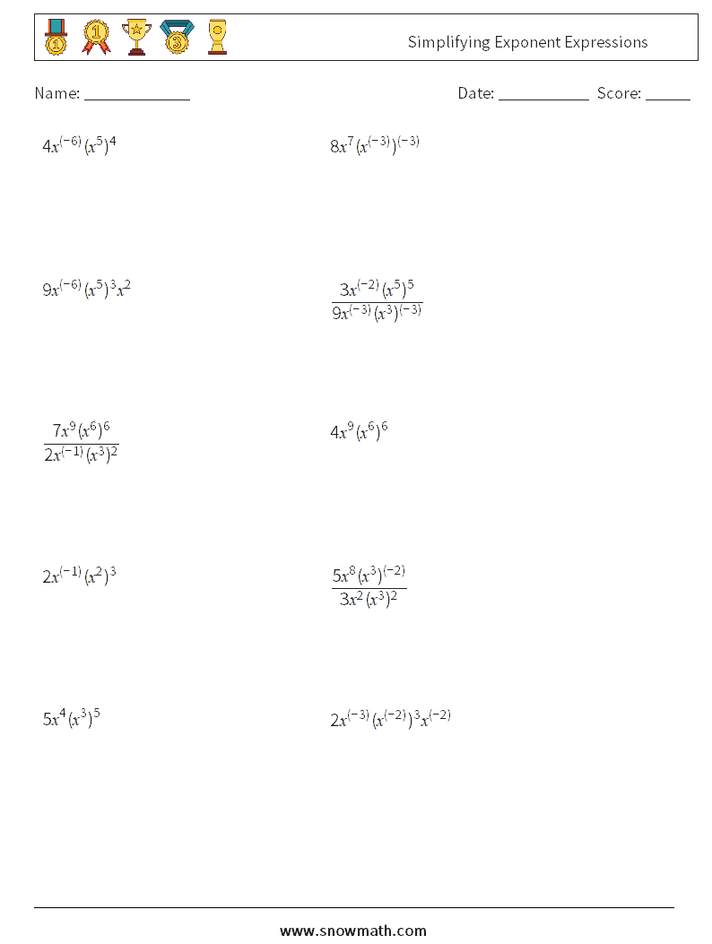  Simplifying Exponent Expressions Maths Worksheets 5