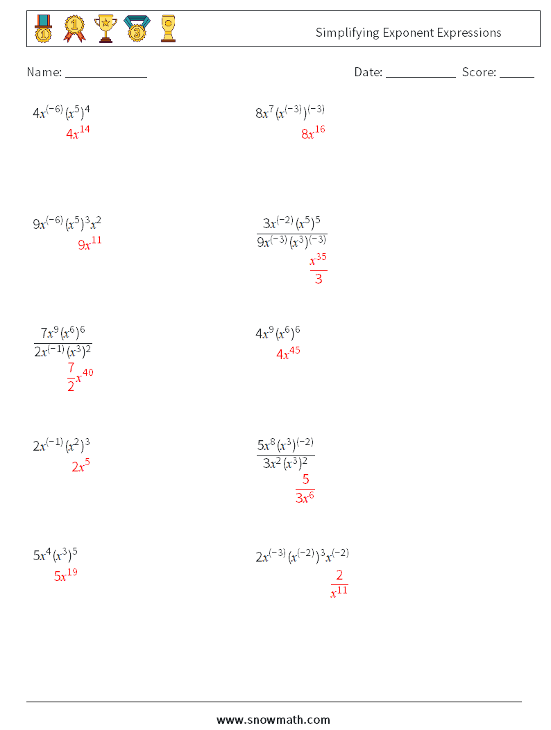  Simplifying Exponent Expressions Maths Worksheets 5 Question, Answer