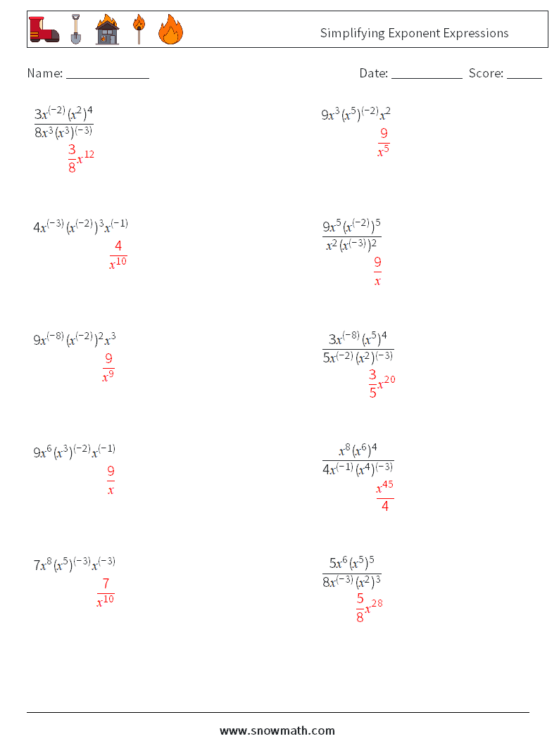  Simplifying Exponent Expressions Maths Worksheets 6 Question, Answer
