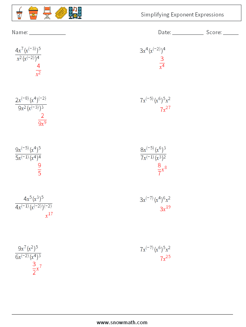  Simplifying Exponent Expressions Maths Worksheets 7 Question, Answer