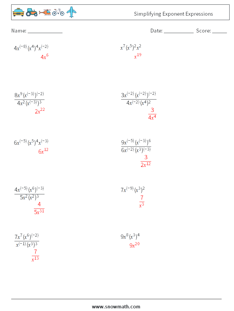  Simplifying Exponent Expressions Maths Worksheets 8 Question, Answer