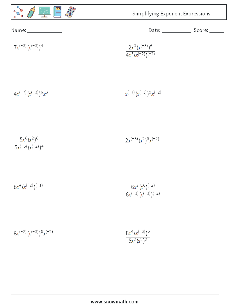  Simplifying Exponent Expressions Maths Worksheets 9