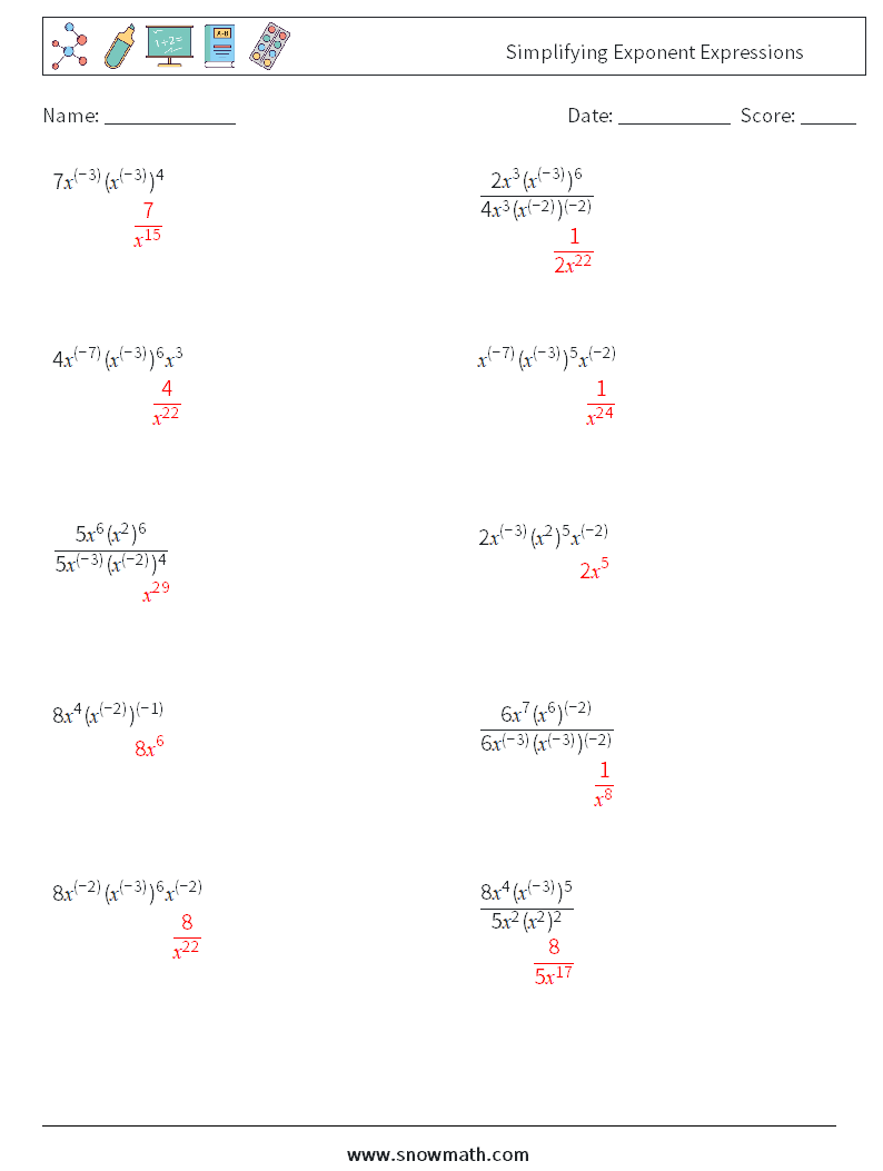  Simplifying Exponent Expressions Maths Worksheets 9 Question, Answer