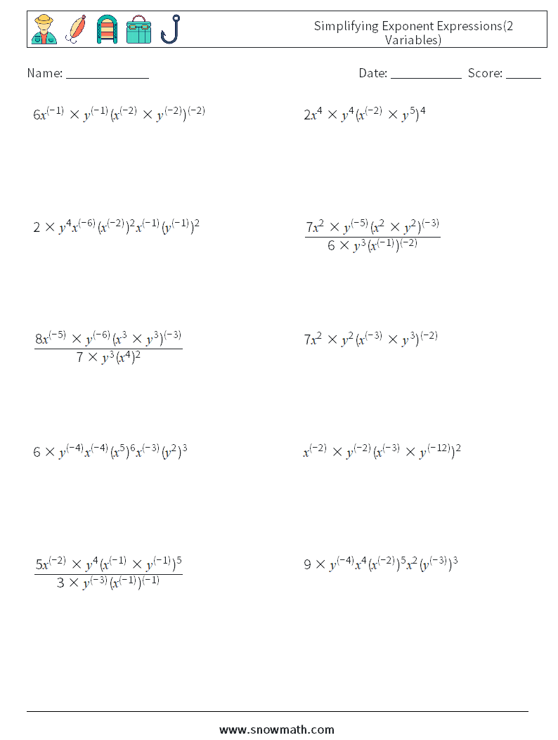  Simplifying Exponent Expressions(2 Variables) Maths Worksheets 1