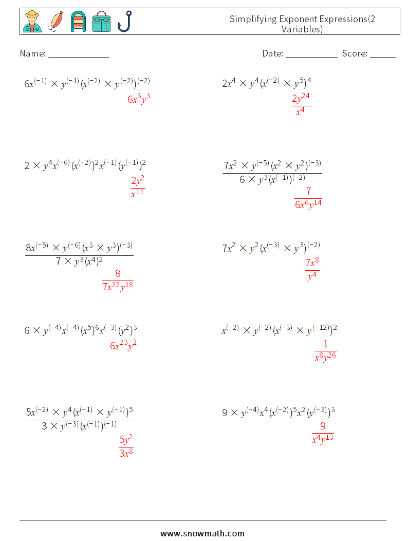  Simplifying Exponent Expressions(2 Variables) Maths Worksheets 1 Question, Answer