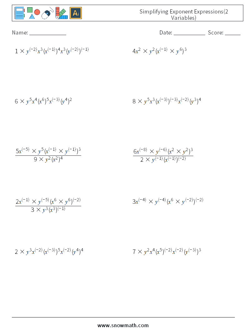  Simplifying Exponent Expressions(2 Variables) Maths Worksheets 2