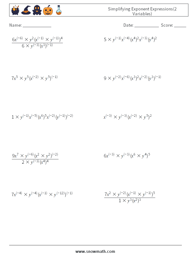 Simplifying Exponent Expressions(2 Variables) Maths Worksheets 3