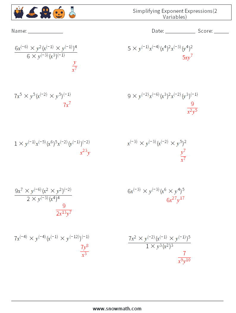  Simplifying Exponent Expressions(2 Variables) Maths Worksheets 3 Question, Answer