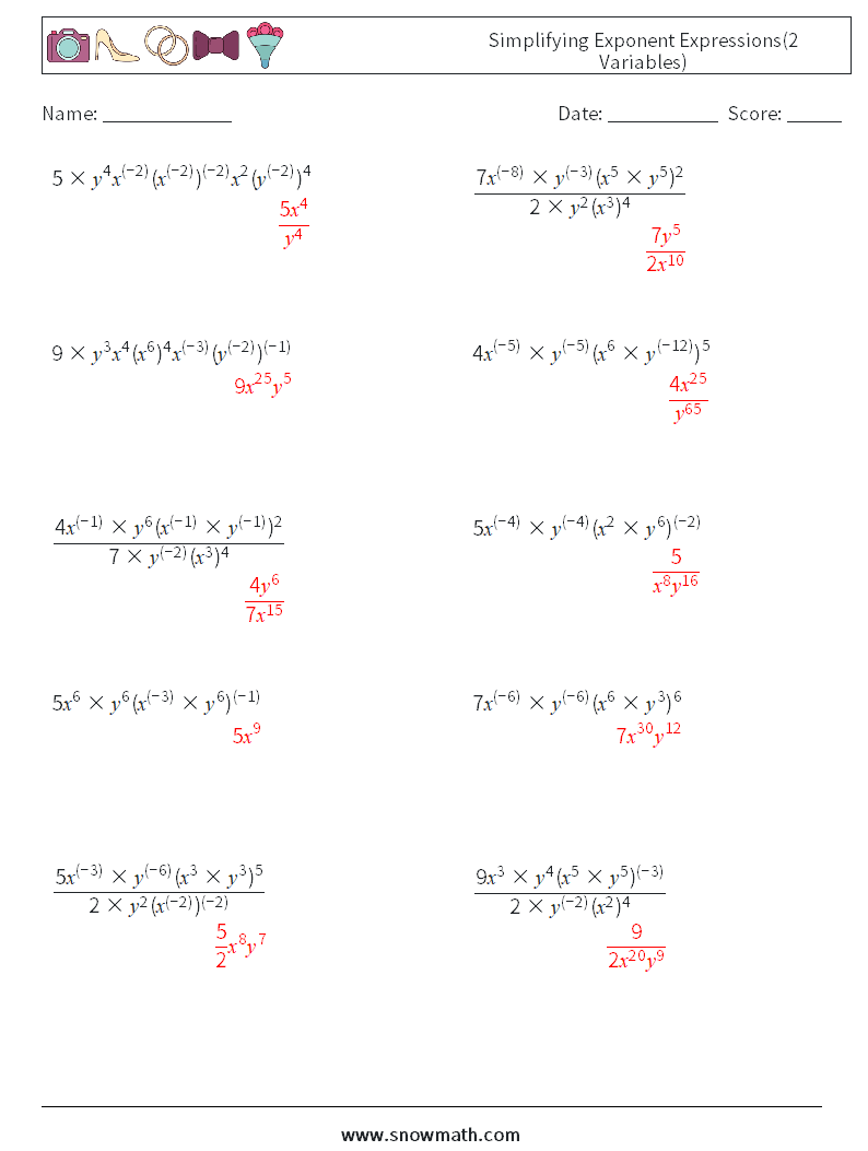  Simplifying Exponent Expressions(2 Variables) Maths Worksheets 4 Question, Answer