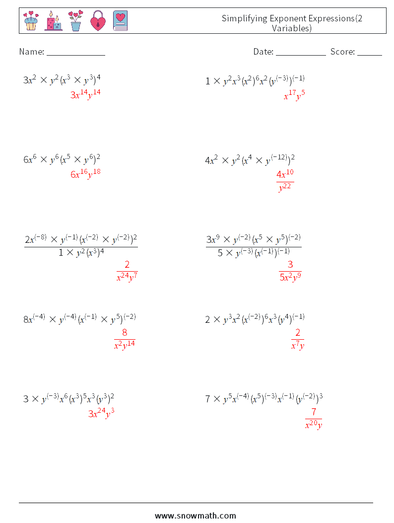  Simplifying Exponent Expressions(2 Variables) Maths Worksheets 5 Question, Answer