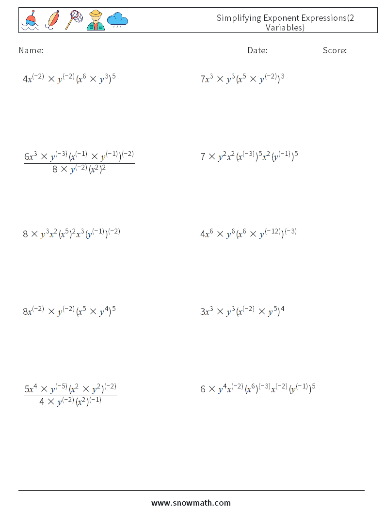  Simplifying Exponent Expressions(2 Variables) Maths Worksheets 6