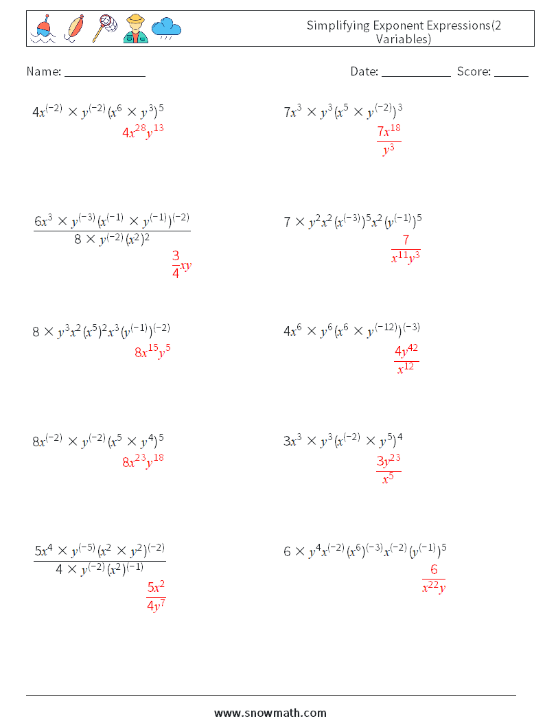  Simplifying Exponent Expressions(2 Variables) Maths Worksheets 6 Question, Answer