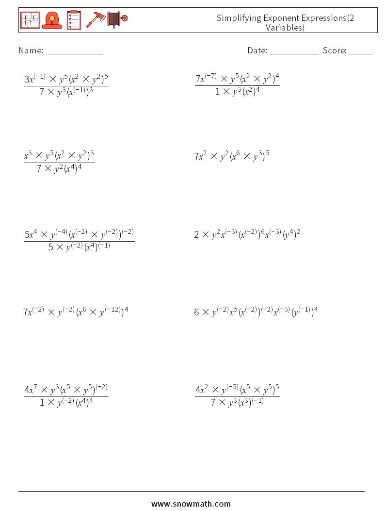  Simplifying Exponent Expressions(2 Variables) Maths Worksheets 7