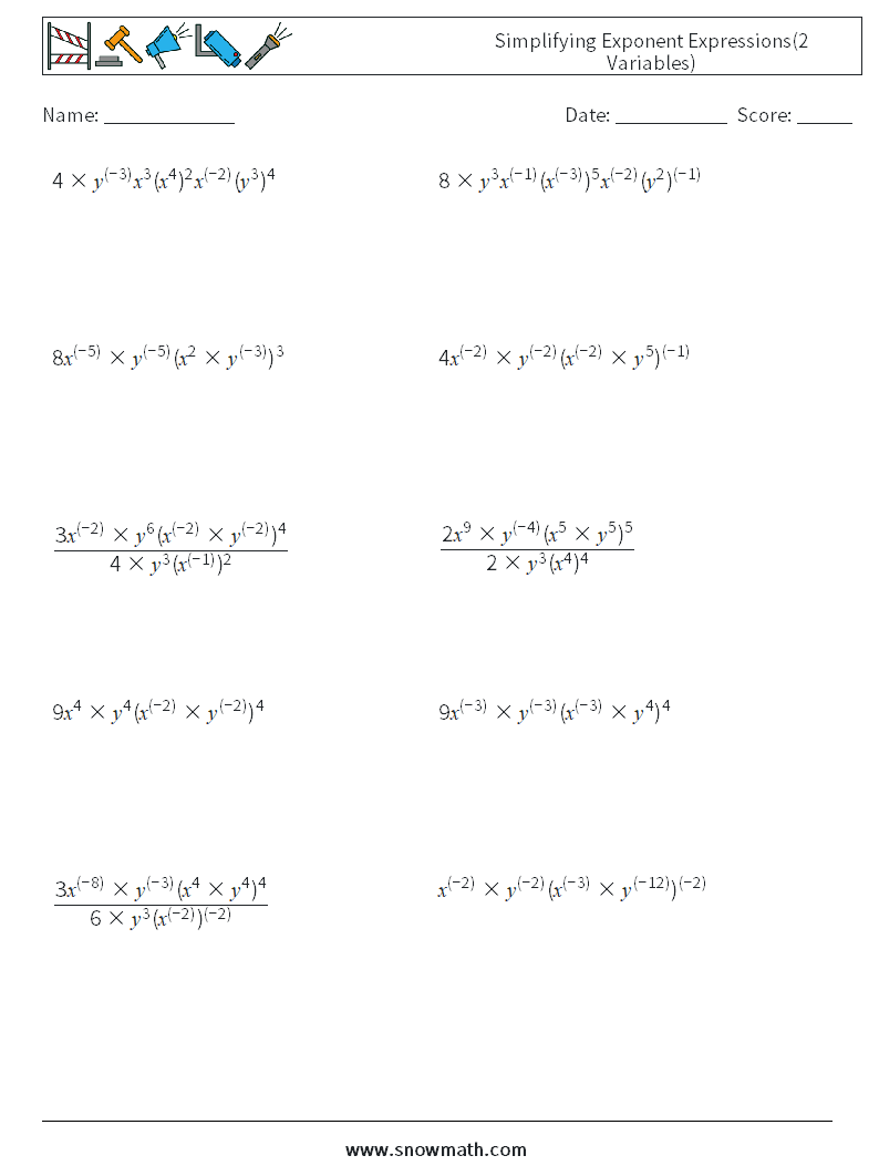  Simplifying Exponent Expressions(2 Variables) Maths Worksheets 8