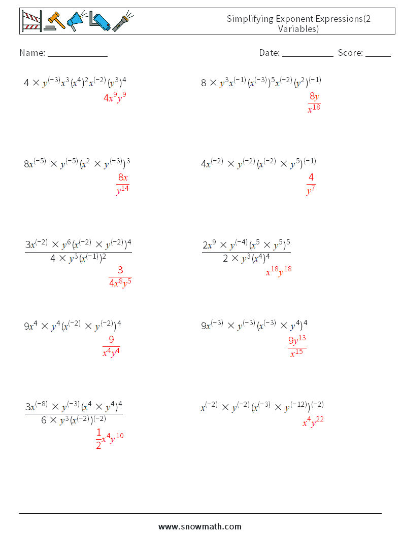  Simplifying Exponent Expressions(2 Variables) Maths Worksheets 8 Question, Answer