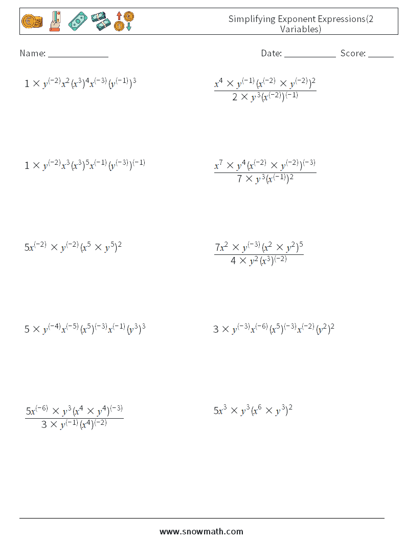  Simplifying Exponent Expressions(2 Variables) Maths Worksheets 9