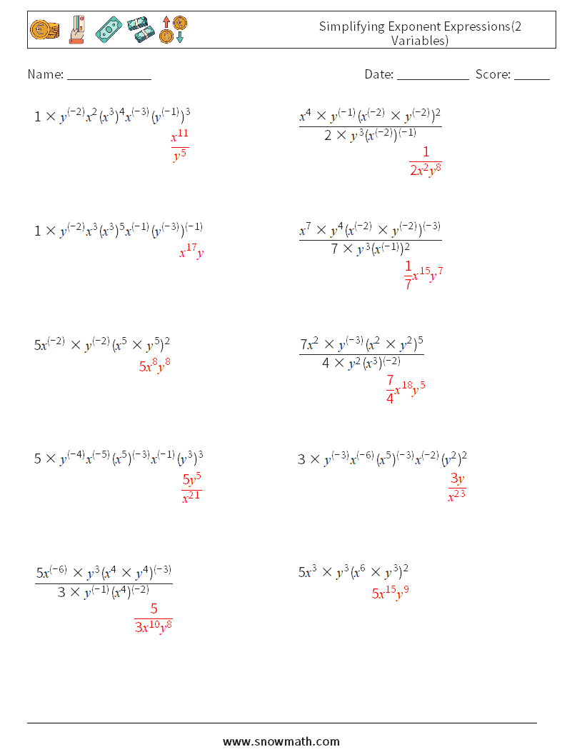  Simplifying Exponent Expressions(2 Variables) Maths Worksheets 9 Question, Answer