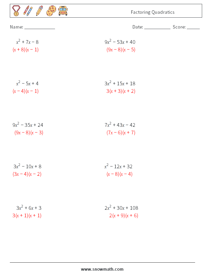 Factoring Quadratics Maths Worksheets 1 Question, Answer