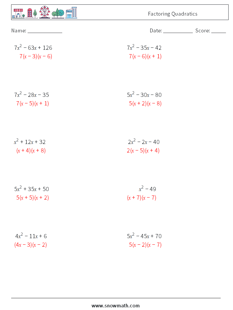 Factoring Quadratics Maths Worksheets 2 Question, Answer