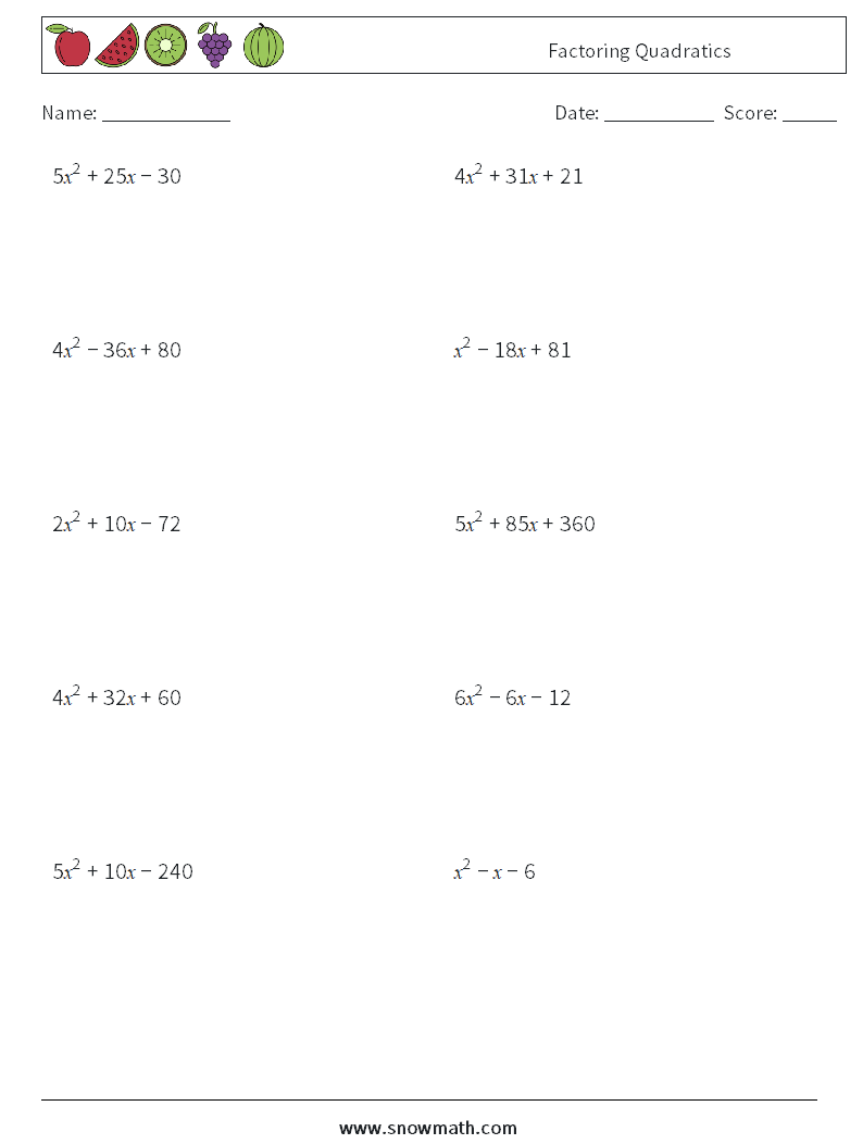 Factoring Quadratics Maths Worksheets 3