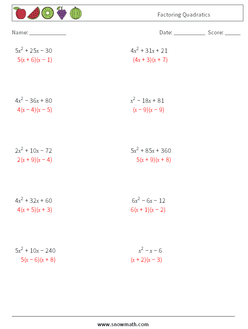 Factoring Quadratics Maths Worksheets 3 Question, Answer