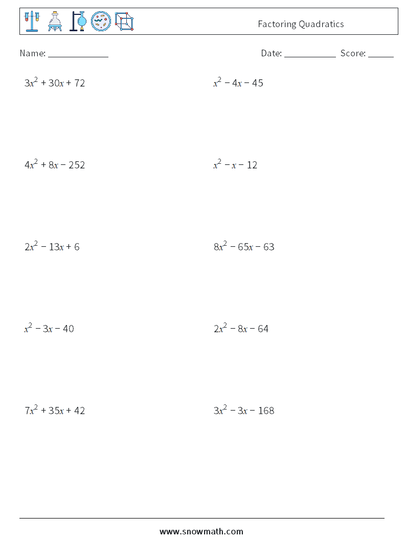 Factoring Quadratics Maths Worksheets 4