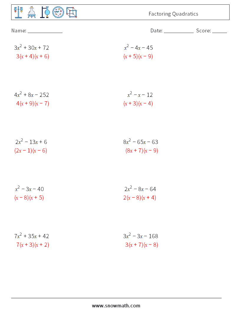 Factoring Quadratics Maths Worksheets 4 Question, Answer