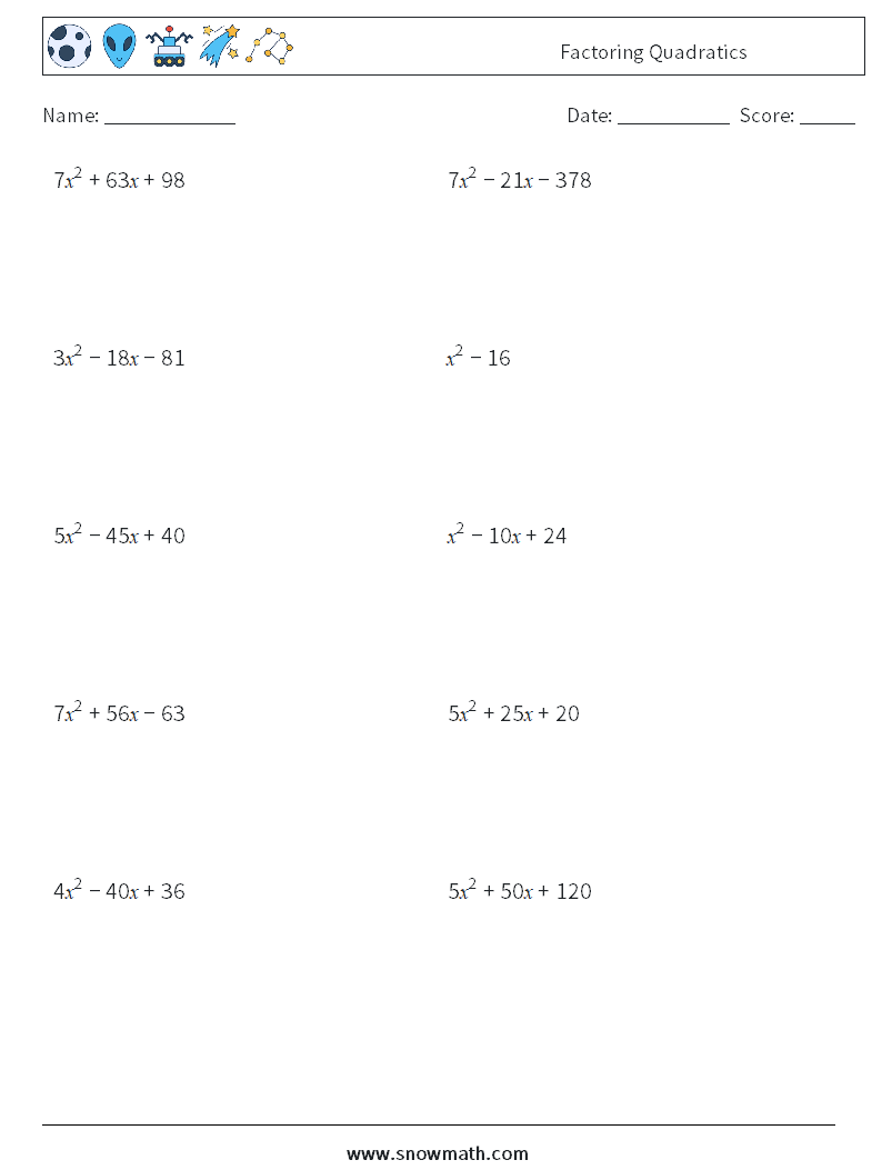 Factoring Quadratics Maths Worksheets 5