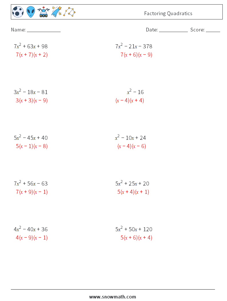 Factoring Quadratics Maths Worksheets 5 Question, Answer