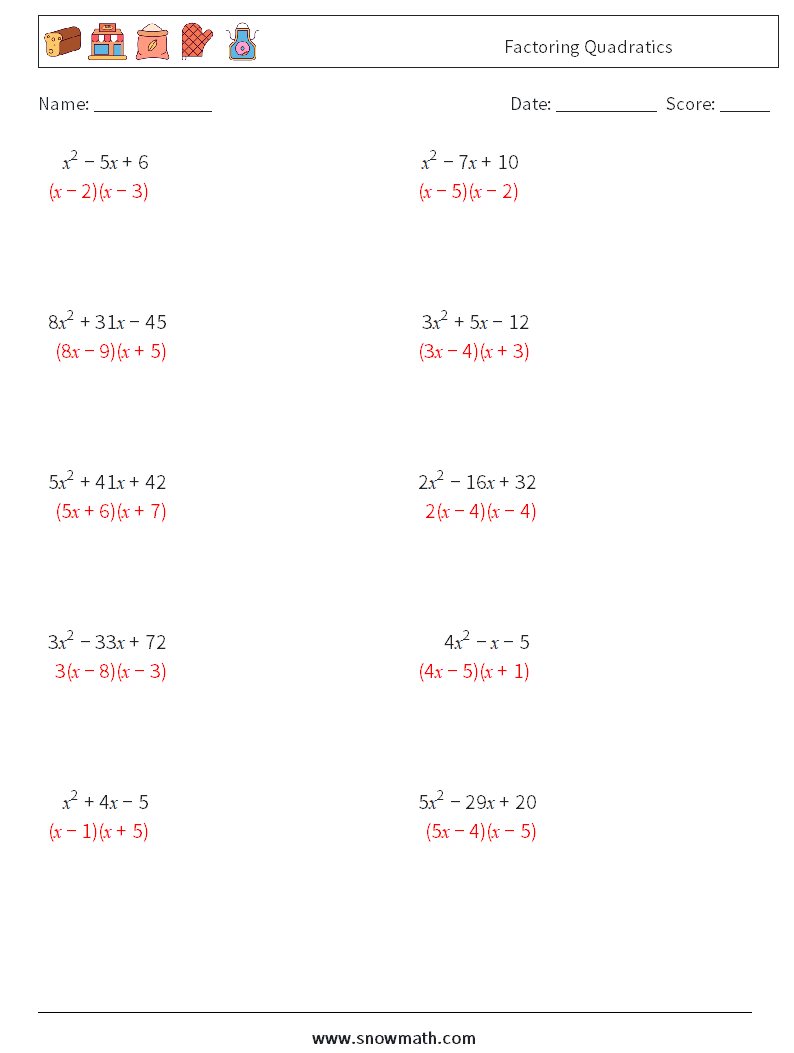 Factoring Quadratics Maths Worksheets 6 Question, Answer