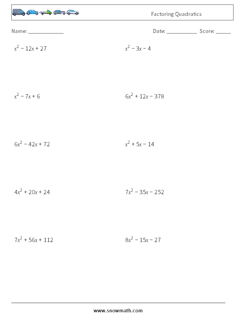 Factoring Quadratics Maths Worksheets 7