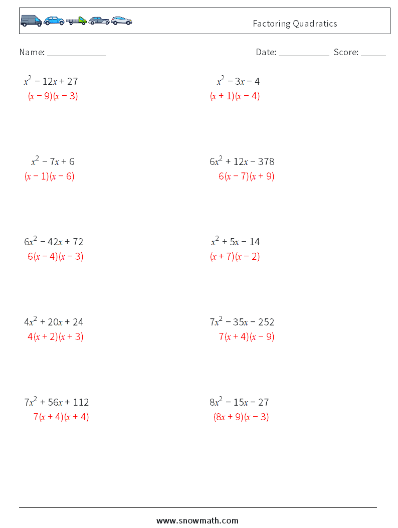 Factoring Quadratics Maths Worksheets 7 Question, Answer