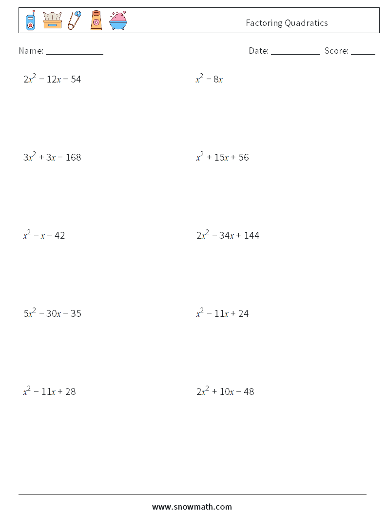 Factoring Quadratics Maths Worksheets 8