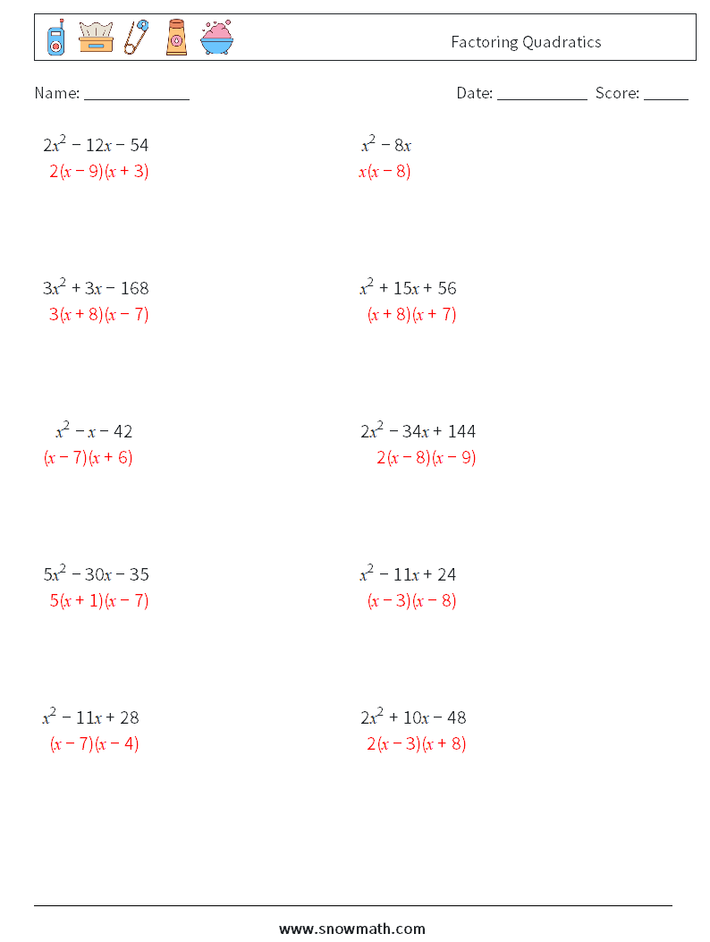 Factoring Quadratics Maths Worksheets 8 Question, Answer