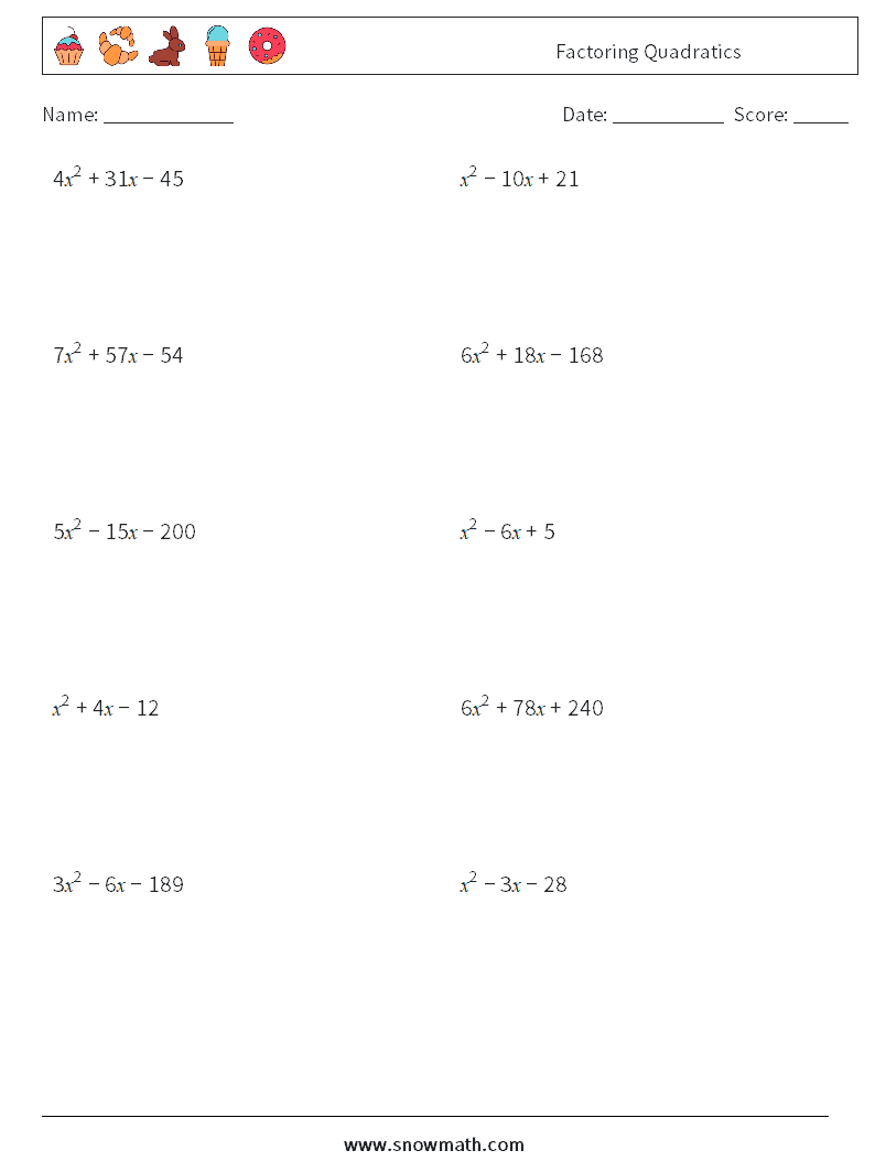 Factoring Quadratics Maths Worksheets 9