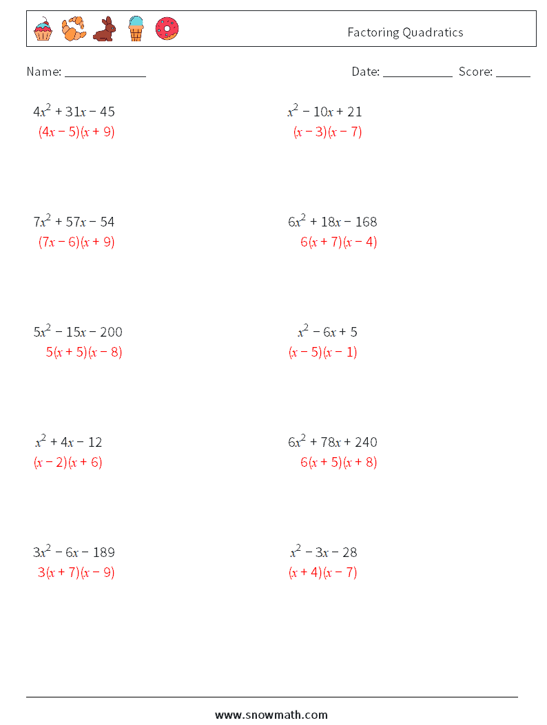 Factoring Quadratics Maths Worksheets 9 Question, Answer