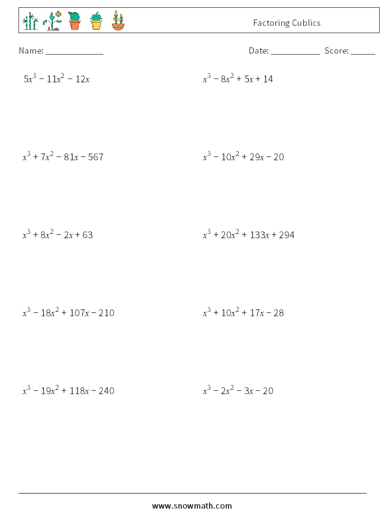 Factoring Cublics Maths Worksheets 3