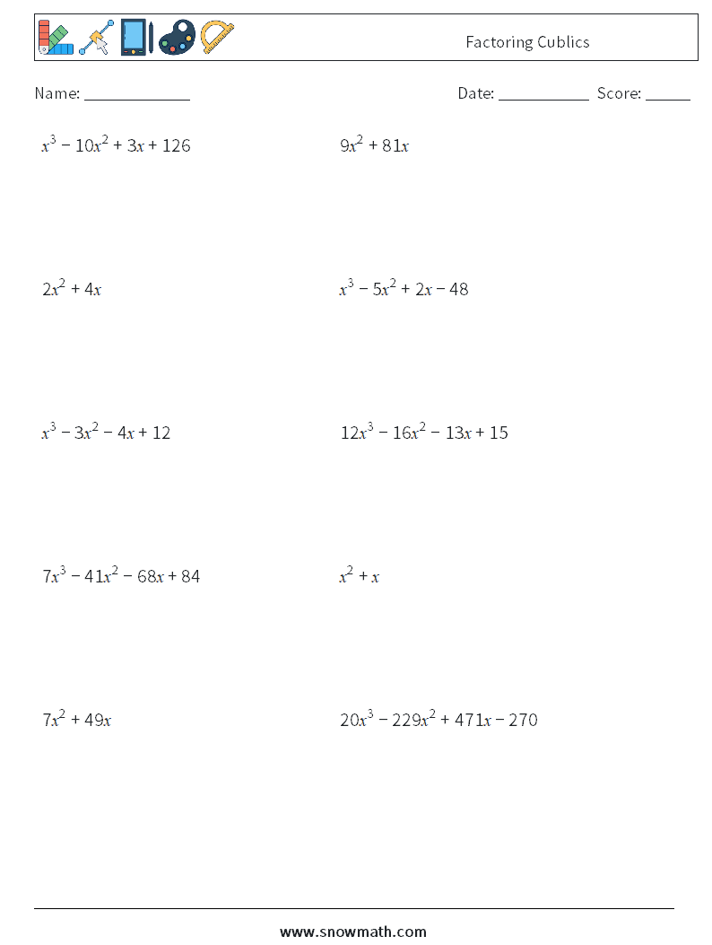 Factoring Cublics Maths Worksheets 4