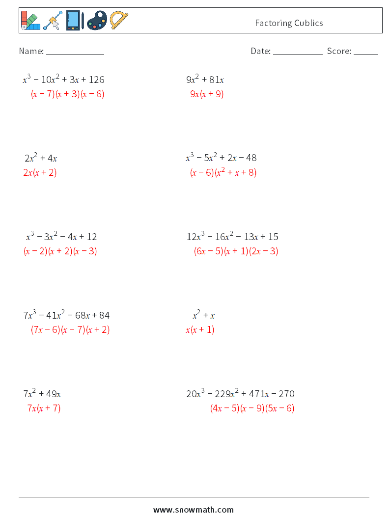 Factoring Cublics Maths Worksheets 4 Question, Answer